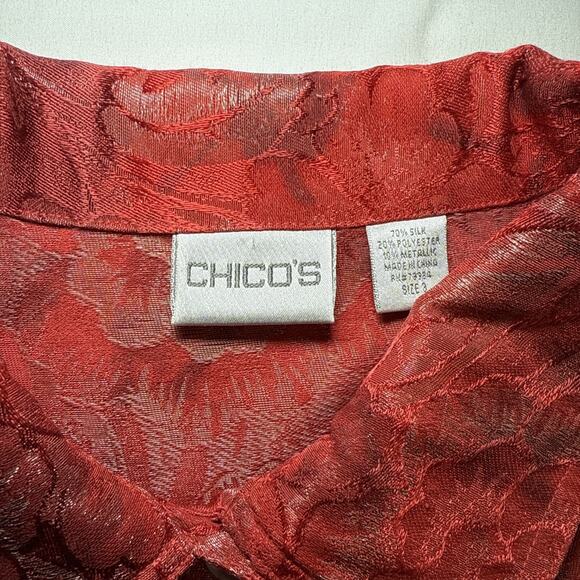 Chicos 3 Womens XL Jacket Silk Blend Blazer Red Metallic Floral Button Front EUC - Picture 2 of 14